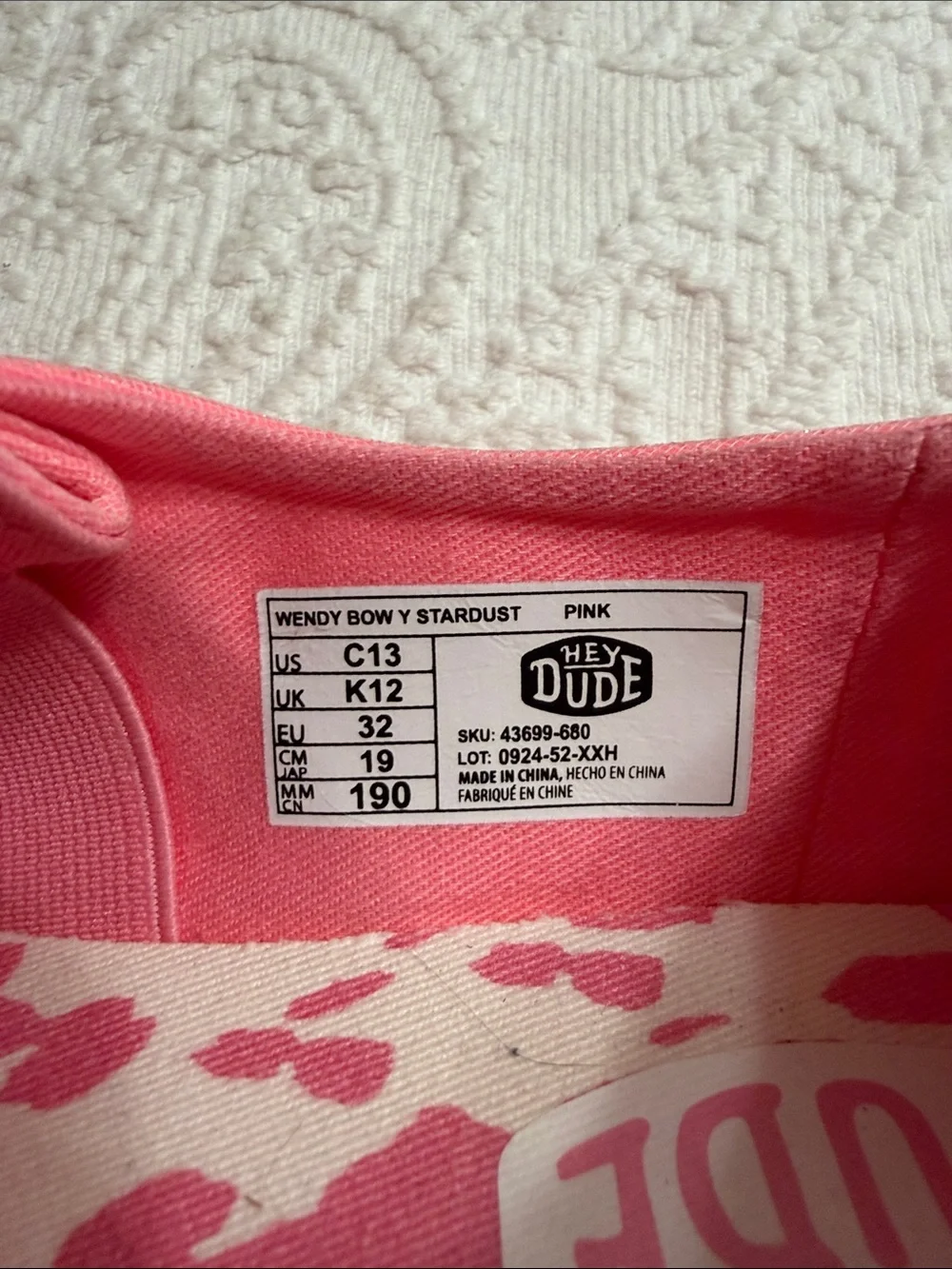 Hey Dude Girls Size 13C Stardust Pink Bow Slip-On Moccasins